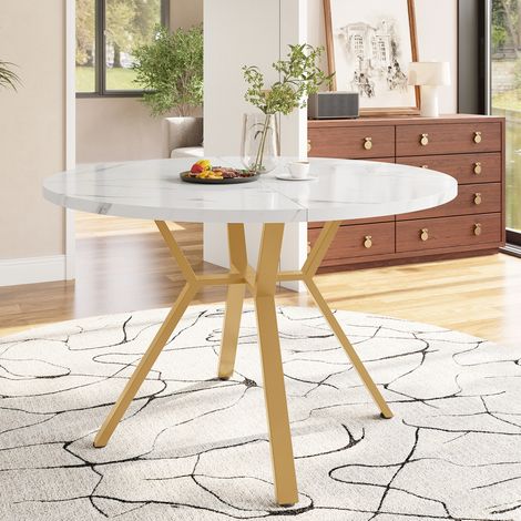 Table à manger ronde 100 cm, effet marbre blanc, piétement X doré HAVRYA (1/5)