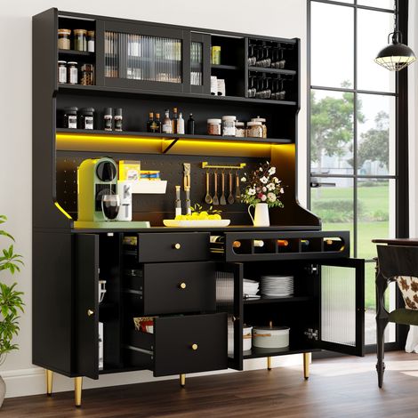 Armoire haute pour salon, meuble de cuisine, meuble de salle à manger, meuble de salon avec étagères réglables, éclairage LED, tiroir avec casier à vin, 145 × 39 × 171 cm, noir (1/4)
