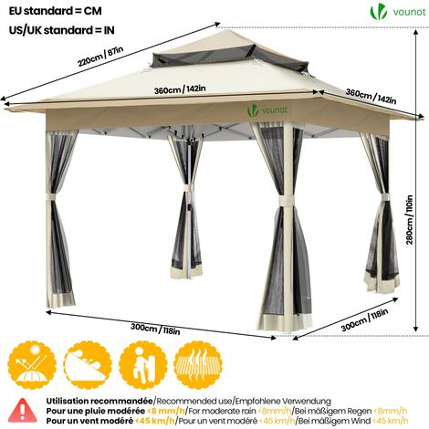 Vounot – Tonnelle de jardin pop up 3,6x3,6m – Structure en métal – Toile en polyester résistante – Moustiquaire intégrée – Hauteur 280 cm