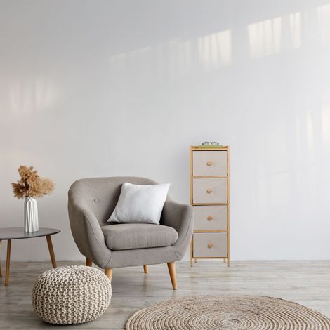 Relaxdays Kommode, HBT: 94 x 31 x 30 cm, 4 Stoffschubladen, Flur, Schlafzimmer, schmaler Schubladenschrank, beige/natur