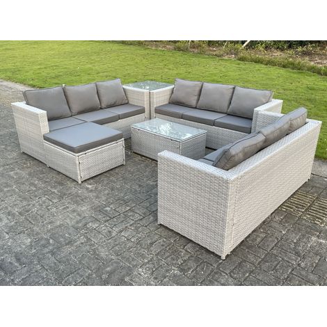Fimous 10 Seat Light Grey Lounge Outdoor PE Rattan Garden Furniture Set Wicker Sofa Set Oblong Coffee Table Side Table Footstool