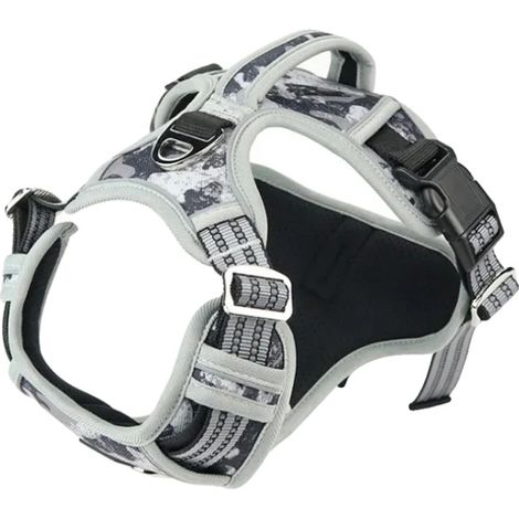 Arnés para perros, diseño antitirones, elementos reflectantes de seguridad, talla grande, camuflaje gris. (1/2)