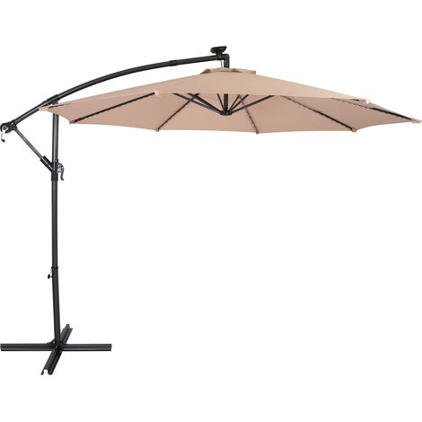 Parasol Banane à Mât Déporté Suspendu Beige à LED Solaire 3 m Jardin Terrasse Extérieur Manche Auvent Manivelle Imperméable Protection Aux UV Base Croisé 8 Baleines [Housse de Pluie INCLUS]