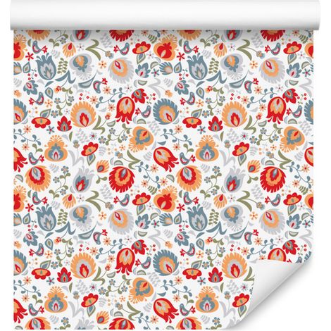 Carta da parati con fiori grigio chiaro e corallo per soggiorno e camera da letto, 50x1000 cm. (1/5)