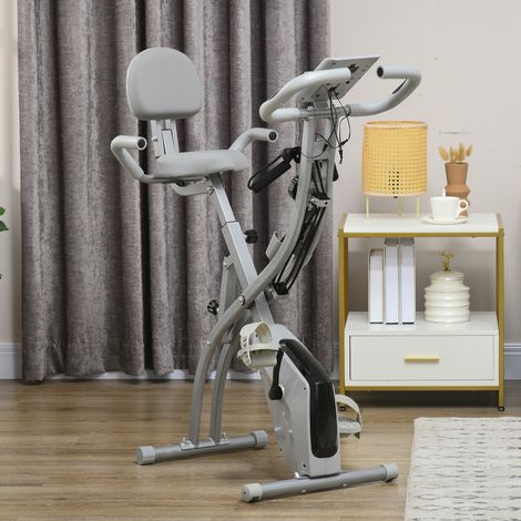 Vélo d'appartement pliable pour adulte, 8 niveaux magnétiques, capteur cardiaque, LCD, selle réglable, acier, home trainer, et argenté gris (1/4)