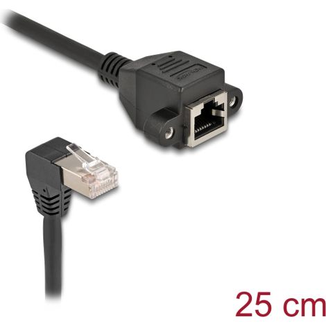 Delock Cable de extensiÃ³n de red S/FTP RJ45 macho acodado 90Â° a RJ45 hembra integrado Cat.6A 0,25 m negro