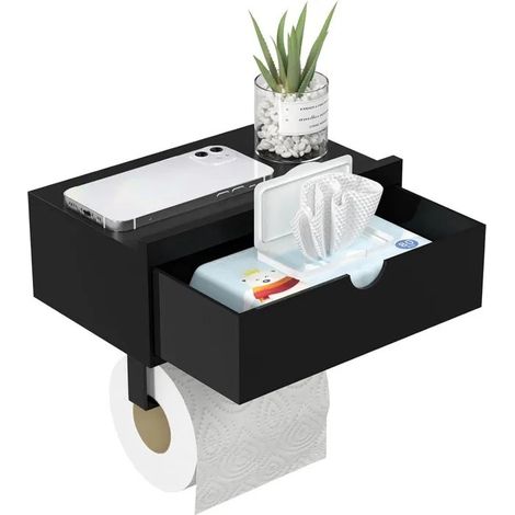 Porte-papier toilette noir avec étagère, support mural pour rouleau de papier toilette.