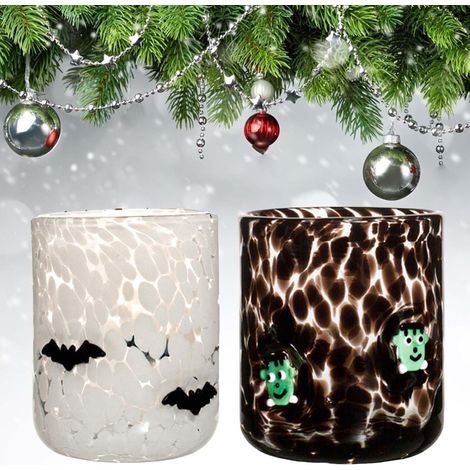 Lot de 2 verres à jus sans pied - Motif Halloween / Noël - Avec cadeau symbolique et pour les fêtes d'Halloween - K - Citrouille, chauve-souris, sapin de Noël (1/5)