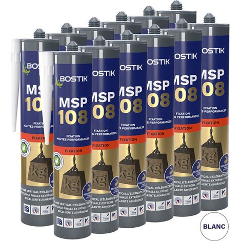 Bostik – Lot de 12 mastics de fixation MSP 108 290ml blanc – Adhérence sur supports humides – Résistance aux intempéries et UV – Collage vertical d’éléments lourds (1/2)