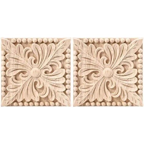 Set de 2 lámparas de pared de madera con diseño de decoración cuadrada tallada, sin pintura, motivo floral para puerta o armario, decoración de muebles, 10 x 10 cm (1/4)