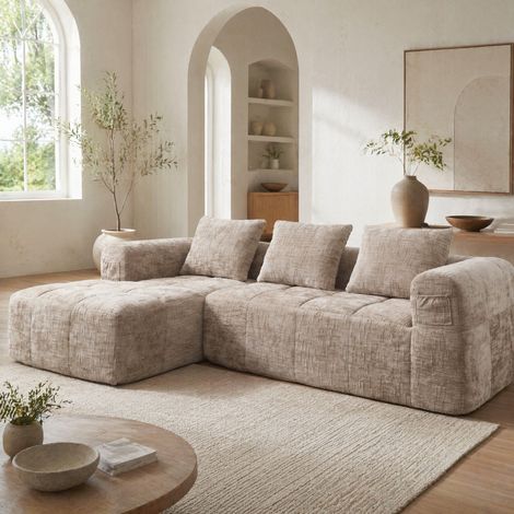 Canapé d'angle L 3 places, avec chaise longue, en chenille, 250 x 158 x 60 cm, kaki HAVRYA (1/5)