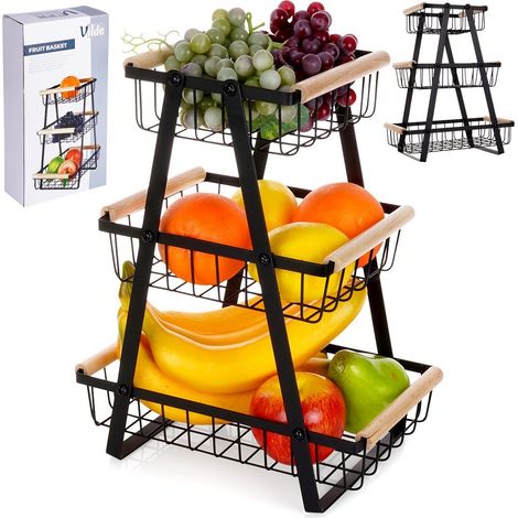 Cestino per la frutta in metallo nero, 3 livelli (1/5)