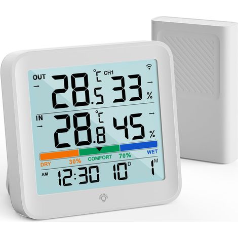Thermomètre Intérieur Extérieur Sans Fil, Hygromètre Numérique Avec capteur extérieur, écran LCD rétroéclairé, mémoire MAX/MIN, °C/°F et indicateur confort température humidité (1/5)