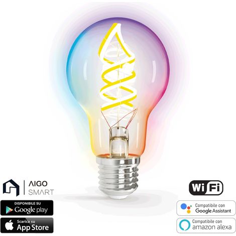Lampadina Led a Filamento Smart A60 E27 4,9W WiFi RGB + Bianco Caldo 2700K luce regolabile e dimmerabile Aigostar (1/5)