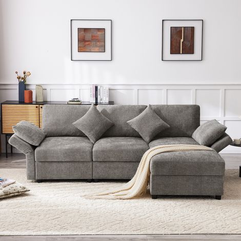 Canapé d’angle en L avec pouf, convertible en canapé 3 places, avec 4 coussins et accoudoirs réglables, en tissu chenille confortable, adapté au salon, au bureau et à l’appartement, gris. Avec vidéo. (1/5)