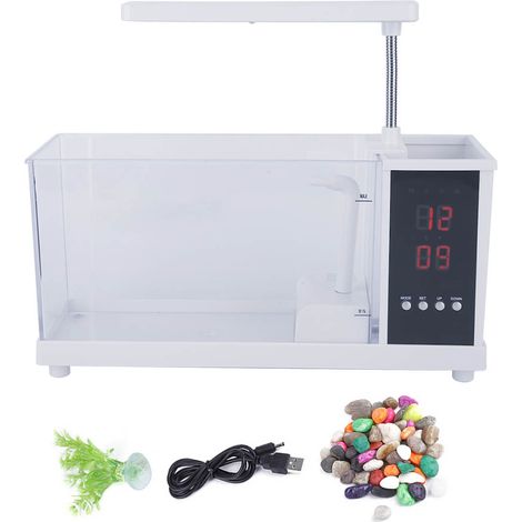 Mini aquarium multifonctionnel avec port USB, horloge et éclairage LED blanc. (1/5)