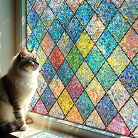 Fensterfolie mit Regenbogeneffekt und Rautenmuster, 45 x 200 cm, elektrostatisch, UV-beständig, für Büros und Schlafzimmer (1/5)