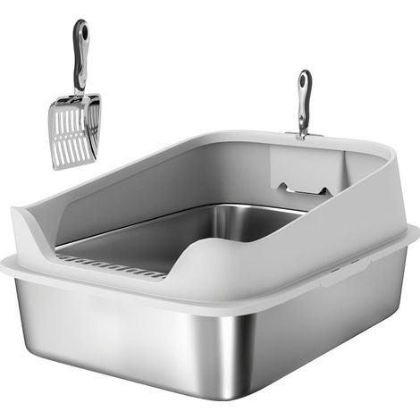 Bac à litière pour chat en acier inoxydable XXL, bords hauts et entrée avec grille anti-litière, avec pelle, pour grands chats, gris anthracite – CHICFURN (1/5)
