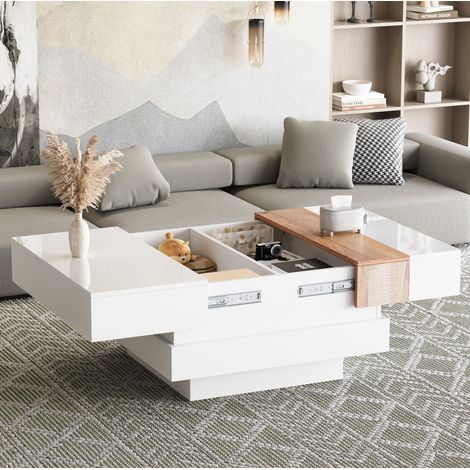 Tavolino quadrato estensibile 70 x 70 x 39 cm con vano nascosto, bianco HAVRYA (1/5)