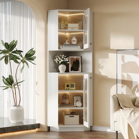 Armoire d’angle, éclairage LED, avec étagères, blanc, 45 x 45 x 166,5 cm, pour salle de bain, rangement pratique, format gain de place