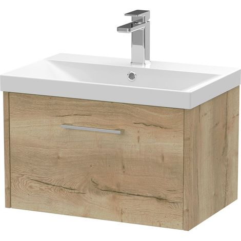 Winshill Contemporary 1 Drawer Wall Hung Vanity Unit with Thin Edge Basin, Light Oak, 600mm