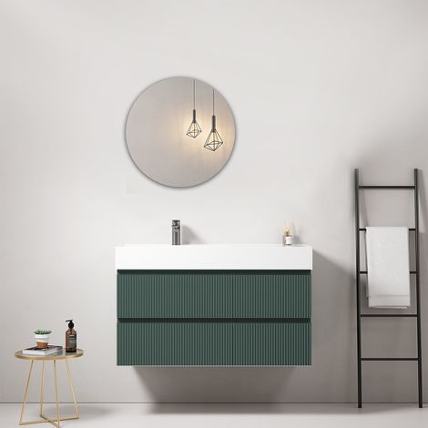 Mobile bagno sospeso cannettato 100 cm Verde Comodoro Lavabo a Sinistra in Resina Specchio Tondo - Fiji Paint