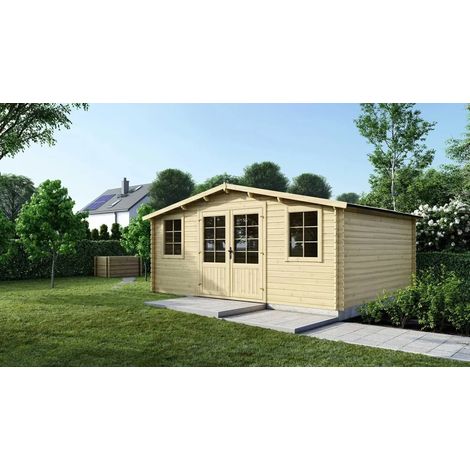 Altanka – Abri de jardin bois 25m² – Dimensions 5x5m – Épaisseur 40mm – Toit à deux pentes – Double porte vitrée en verre – Sapin traité (1/7)