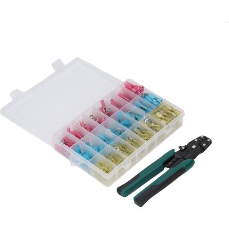 Un kit de sertissage de fils à cliquet auto-ajustable avec 200 connecteurs de fils isolés par virole pour connecteurs de fils AWG 22–10. (1/5)