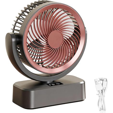 Ventilador portátil y silencioso con puerto USB tipo C, 6 velocidades, oscilación automática y diseño compacto para oficina, dormitorio o sala de estar. Disponible en rosa y gris. (1/5)