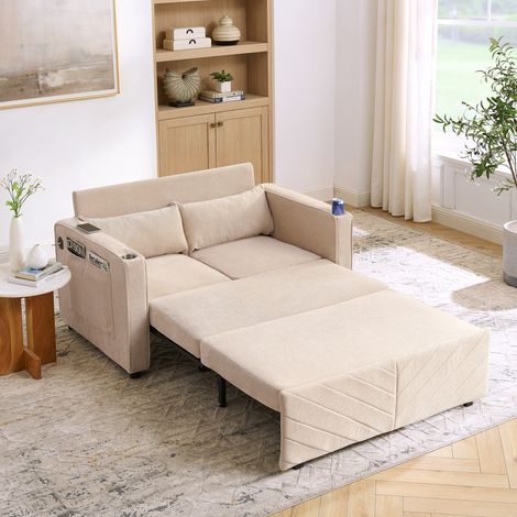 Sofá cama 3 en 1 de madera y tela beige, diseño deslizante, con puerto USB, 2 plazas (1/5)