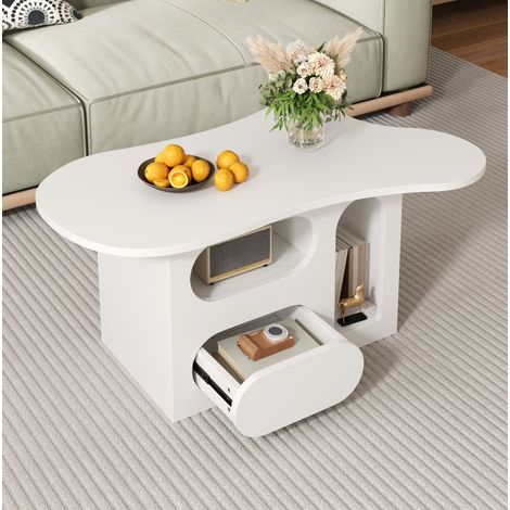 Tavolino bianco a forma di nuvola con cassetto, vani portaoggetti e design curvo (1/5)