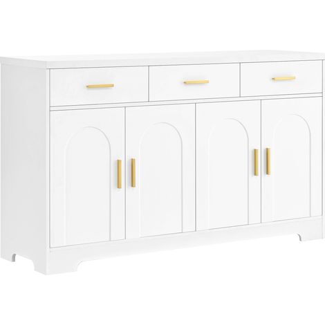 Aparador blanco de MDF con 4 puertas arqueadas, 3 cajones y estantes regulables, 140 x 40 x 83 cm (1/5)