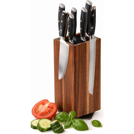 Relaxdays Magnetic Knife Block, Bristle Insert, 360° Rotating, Acacia Wood, HxWxD: 26 x 10.5 x 10.5 cm, Brown (1/5)