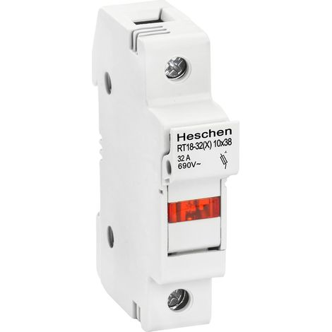 Heschen Cylindrical Fuse Holder Base RT18-32(X) 32A AC690V, 1P, DIN Mounting Rail for RT18 RO15 10x38mm Fuse (1/5)