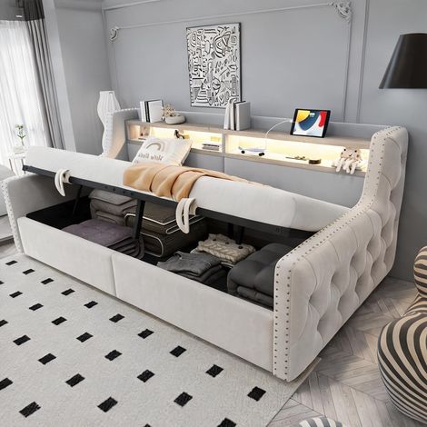 Cadre de lit beige en velours 216 x 104 x 81 cm (1/5)