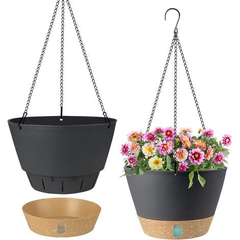 Juego de 2 macetas colgantes - 20,3 cm - Para uso interior y exterior - Con orificio de drenaje y 3 ganchos - Para jardín y hogar (Negro) (1/5)