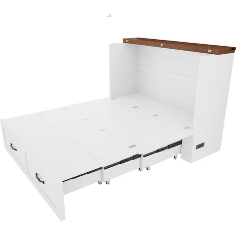 Cama abatible 140 x 200 cm con almacenamiento, enchufe europeo, estructura metálica, blanco (1/5)