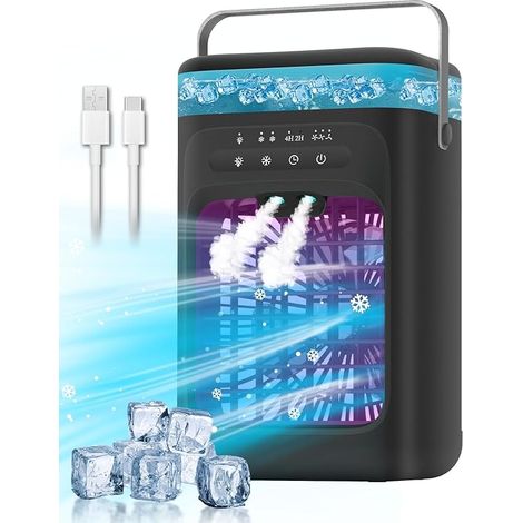 Climatiseur Portable Mini avec 3 Vitesses et 2 Brumisateurs, Oscillation 120°, Lumières 7 Couleurs, Minuterie 2-4H, Ventilateur de Refroidissement pour Chambre, Bureau, Maison, Camping - KZQ (1/5)
