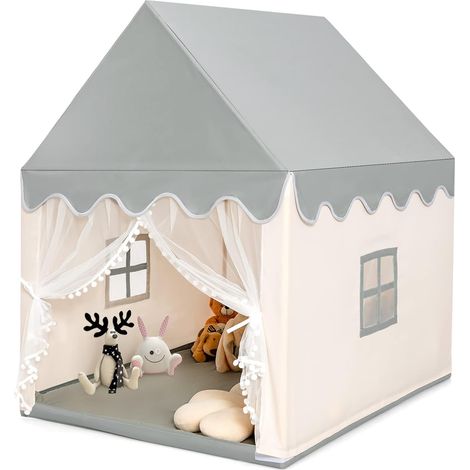COSTWAY Spielhaus Kinderspielhaus, mit Massivholzrahmen & Baumwolldecke, 120x105x140cm Beige (1/3)