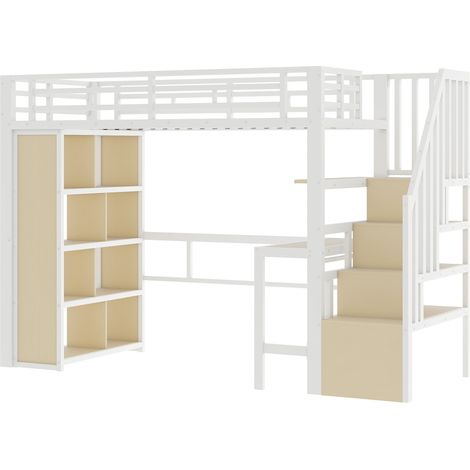 Letto a soppalco 90x200 cm in metallo e MDF con scrivania, ripiani e LED, bianco MODENUIT (1/5)