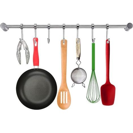 38cm Adjustable 7-Hook Utensil Rack, Wall-Mounted Kitchen Utensil Holder, Stainless Steel Kitchen Utensil Rack for Soup Spoons, Pots, Saucepans, Draining Boards, Oven Mitts, and Knives (1/5)