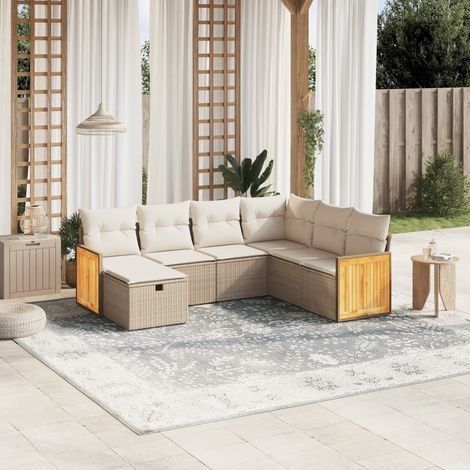 Canapé de jardin 7 pièces en résine tressée beige avec coussins amovibles – cadre acier, UV résistant, charge 110 kg (1/4)