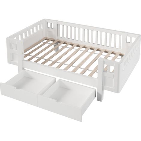 Lit plateforme 90 x 200 cm avec barrière de sécurité et 2 grands tiroirs, blanc (1/5)