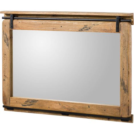 Massivmoebel24 – Miroir mural 114x80 cm en bois de manguier laqué naturel – Style industriel avec cadre métallique – Décoration tendance pour intérieur (1/3)