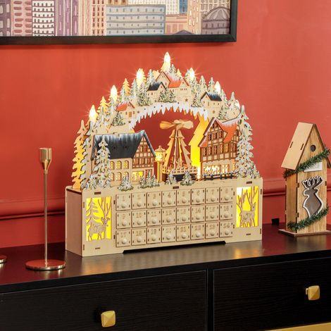 Calendario dell'Avvento, villaggio di Natale, 18 LED, 24 cassetti, riutilizzabile, 45 x 9 x 42,5 cm (1/5)