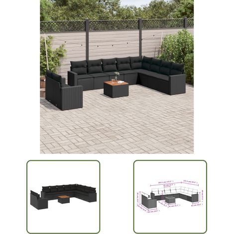 The Living Store 11-tlg. Garten-Sofagarnitur mit Kissen Schwarz Poly Rattan - Gartensorte - Gartenmöbelset - Outdoor Möbel - Lounge Set - Esstischgarnitur (1/3)