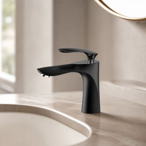 Robinet lavabo mitigeur salle de bain, laiton et alliage, cartouche céramique, finition dorée, design classique feuille d'érable noire, hauteur 180mm (1/5)