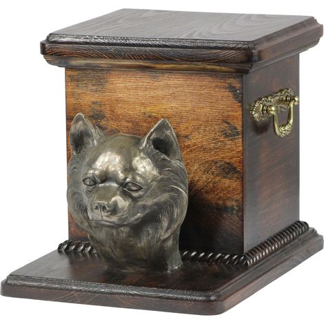 Urne funéraire pour chien Chihuahua à poil long avec statuette, une urne élégante et unique ornée d'un buste de chien, signée Art-Dog. (1/5)