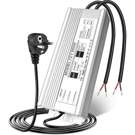 Transformateur LED 12 V 500 W 41,6 A IP67 étanche pour l'extérieur avec fiche, bloc d'alimentation LED 230 V vers DC 12 V, adaptateur driver extérieur pour bandes LED, lampes, projecteurs, bandes (1/5)