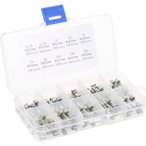 Kit de 100 fusibles de vidrio de acción rápida de 5 x 20 mm, con diferentes intensidades de corriente: 0,2 A, 0,5 A, 1 A, 2 A, 3 A, 5 A, 8 A, 10 A, 15 A y 20 A.